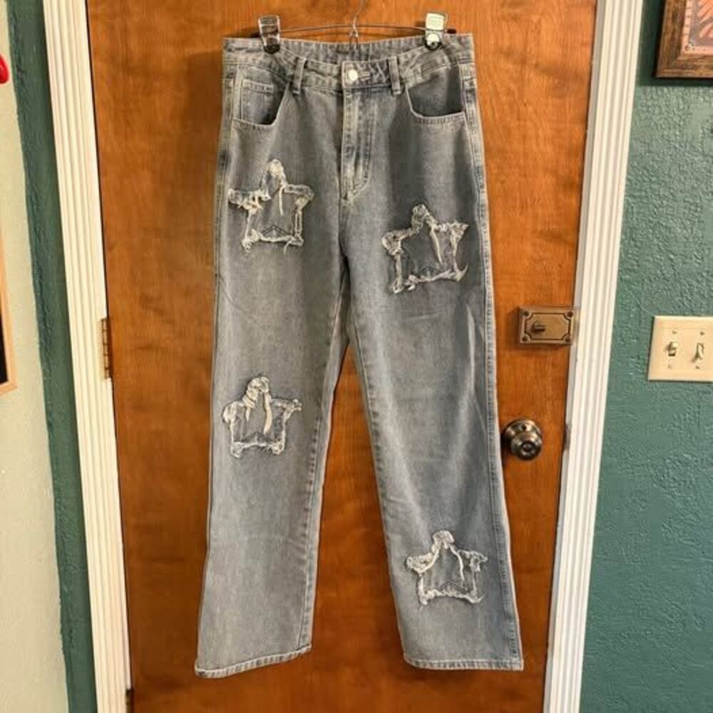 Star Patch Jeans Y2K Vibes Loose Fit Raw Edge Women's Large Retro Funky Fun Cute